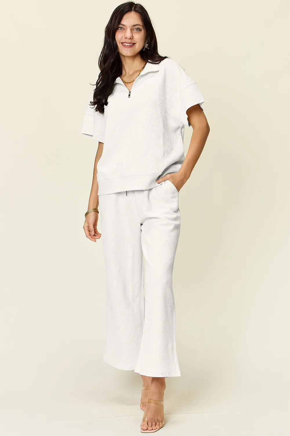 Full Size Texture Half Zip Short Sleeve Top and Pants Set, image 10