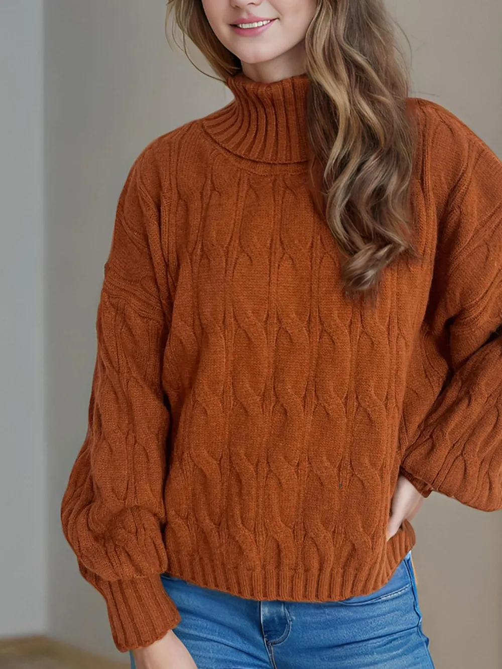Cable-Knit Turtleneck Long Sleeve Sweater, image 12