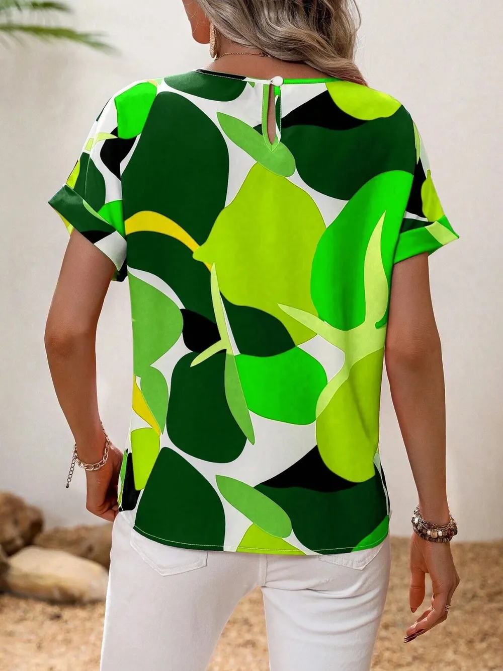 Contrast Round Neck Short Sleeve Blouse, image 12