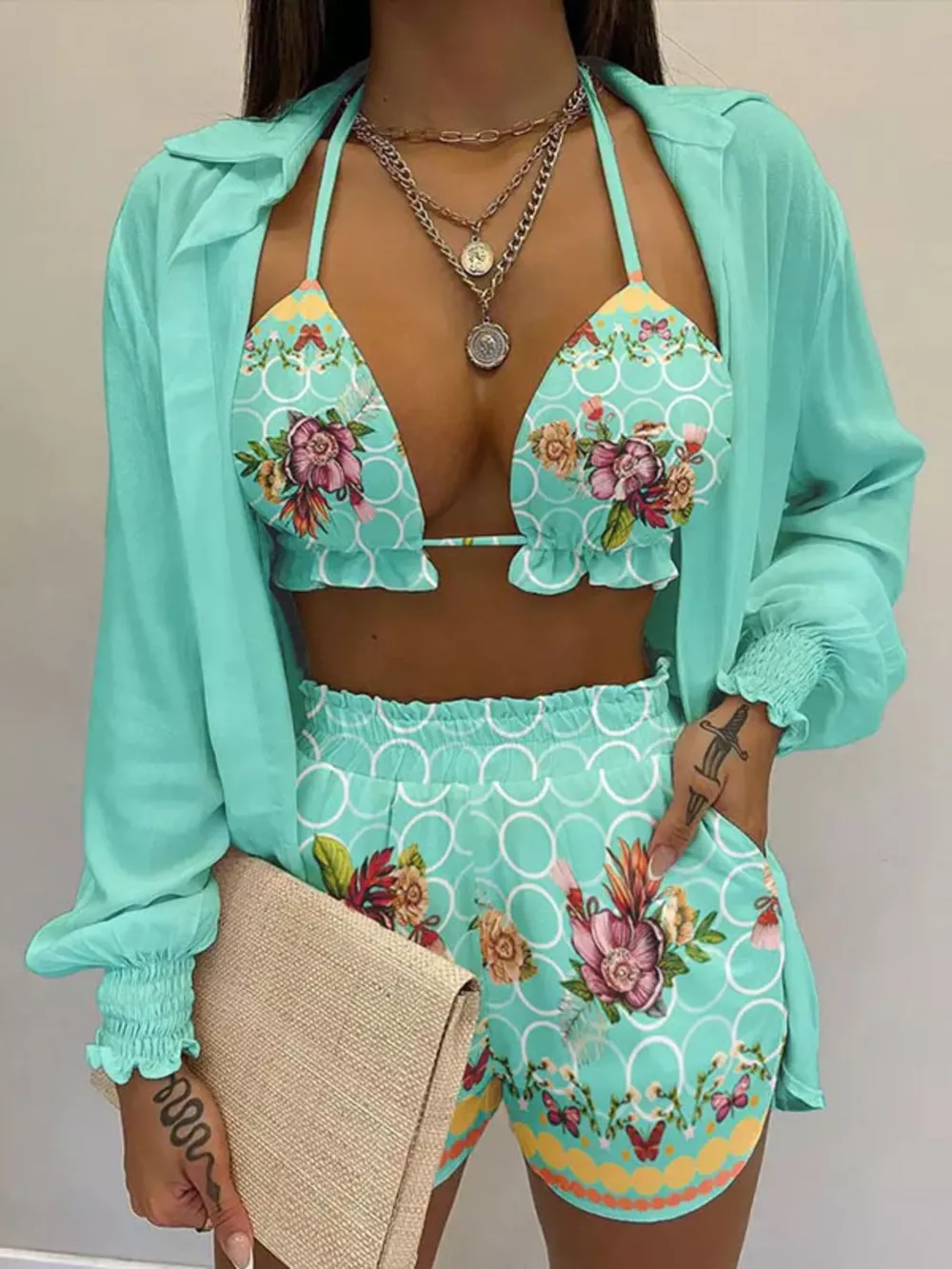 Full Size Halter Neck Cami & Shirt & Shorts 3-Piece Outfit Set Plus Size, image 13