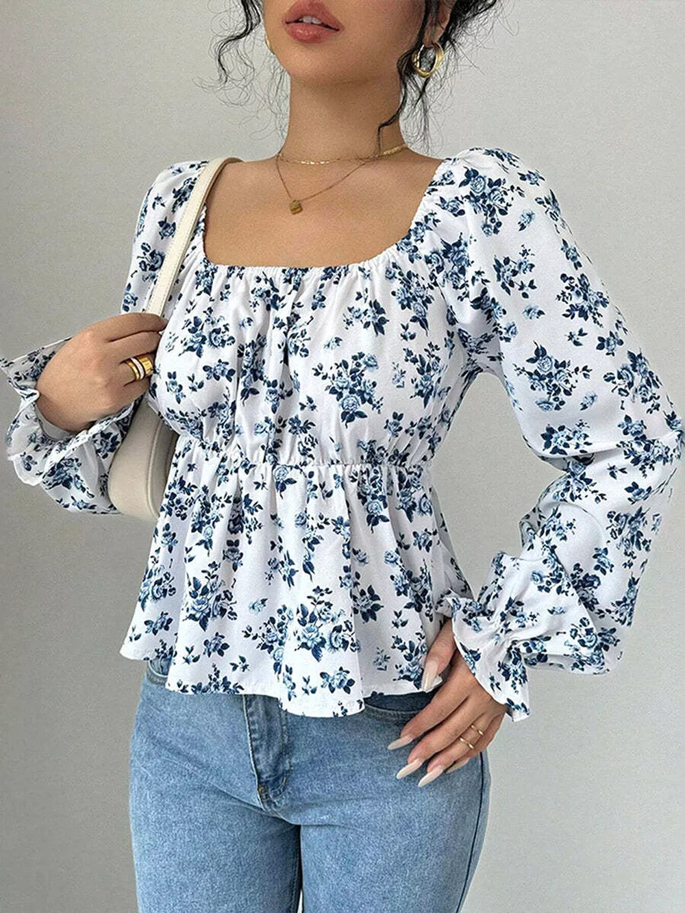 Floral Print Square Neck Peplum Blouse