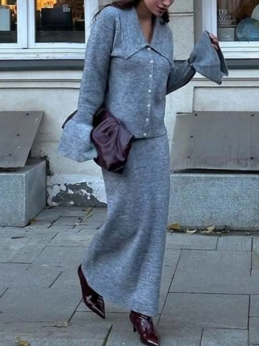 Button Down Long Sleeve Cardigan and Skirt Knit Set