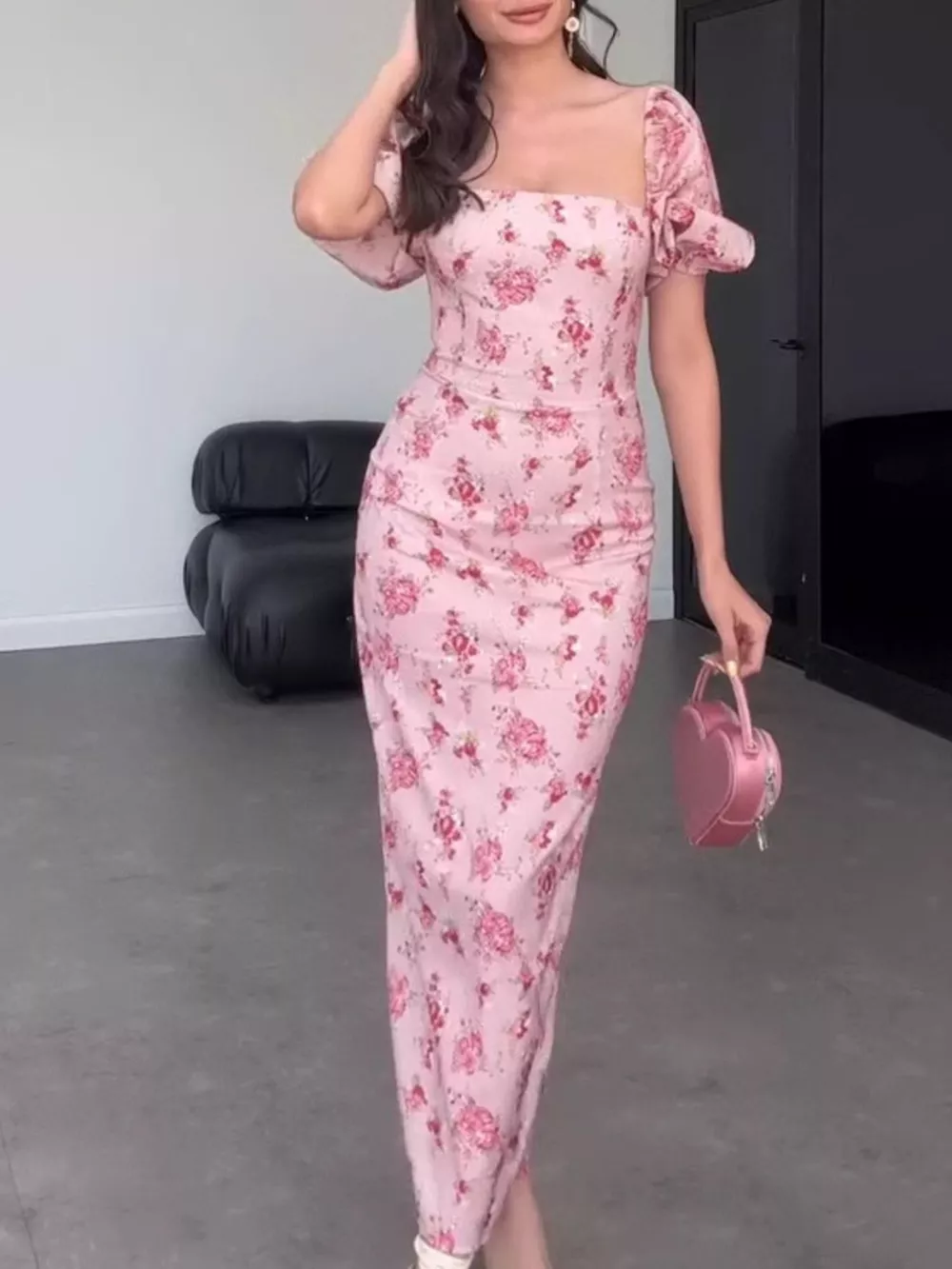 Floral Puff Sleeve Ruched Midi Dress, image 2