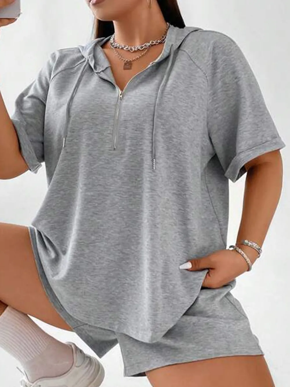 Full Size Drawstring Half Zip Hooded Top and Shorts Set Plus Size, image 6