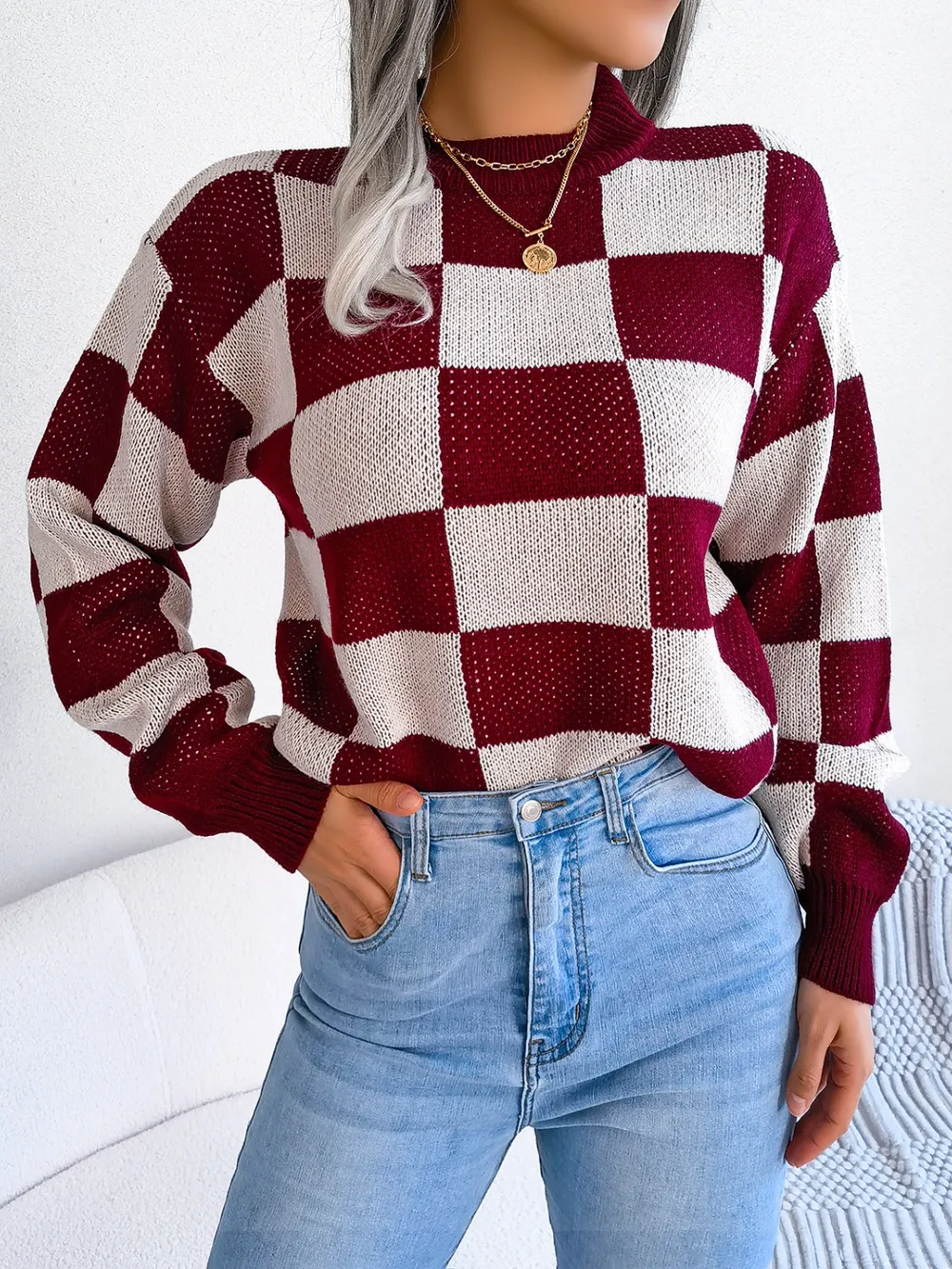 Checkered Mock Neck Long Sleeve Sweater, image 15
