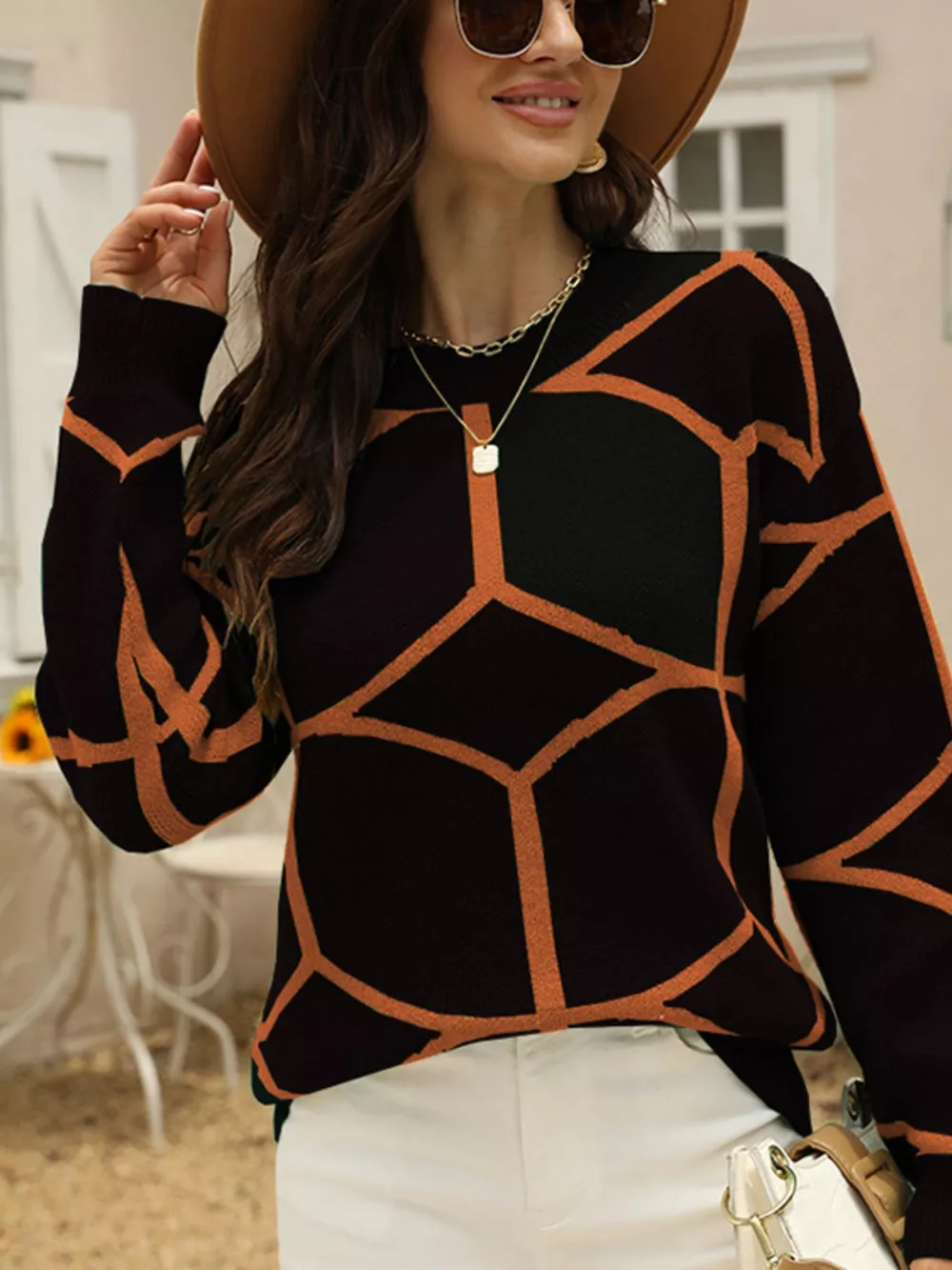 Geometric Pattern Crew Neck Sweater