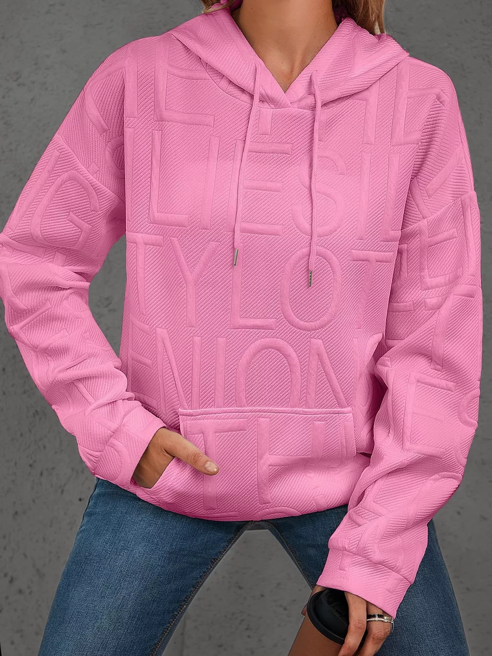 Full Size Textured Embossed Long Sleeve Hoodie Plus Size, image 16