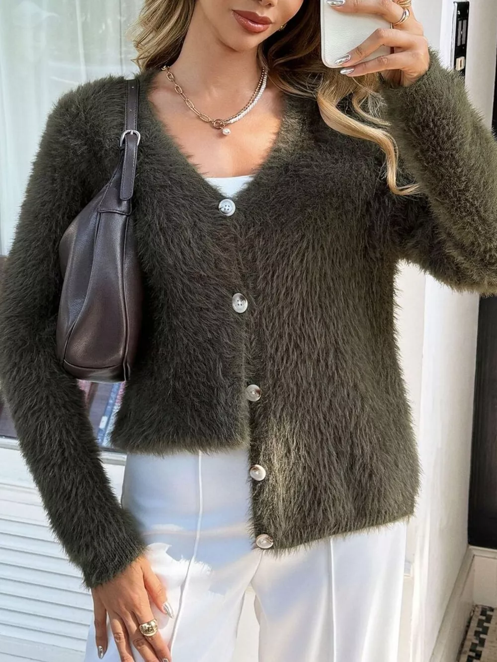 Fuzzy Knit Button-Up Cardigan, image 4
