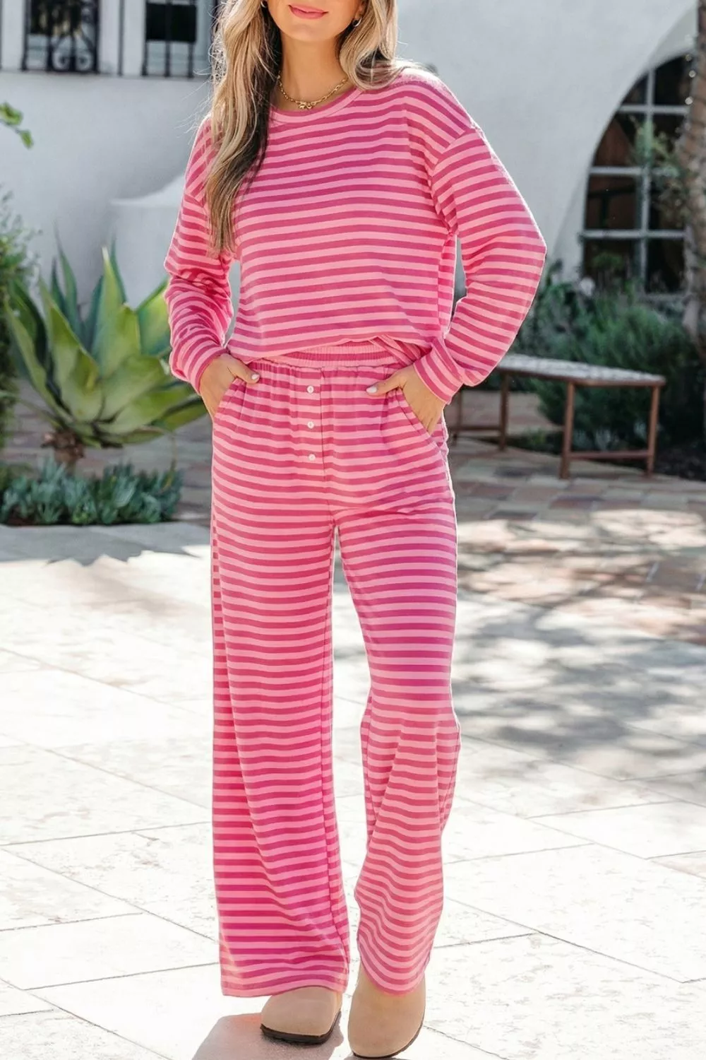 Stripe Drop Shoulder Round Neck Top and Buttoned Straight Pants Two Piece Set, image 3