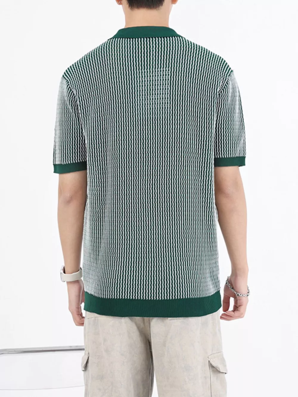 Men's Plus Size Striped Knitted Zip-Up Polo, image 8