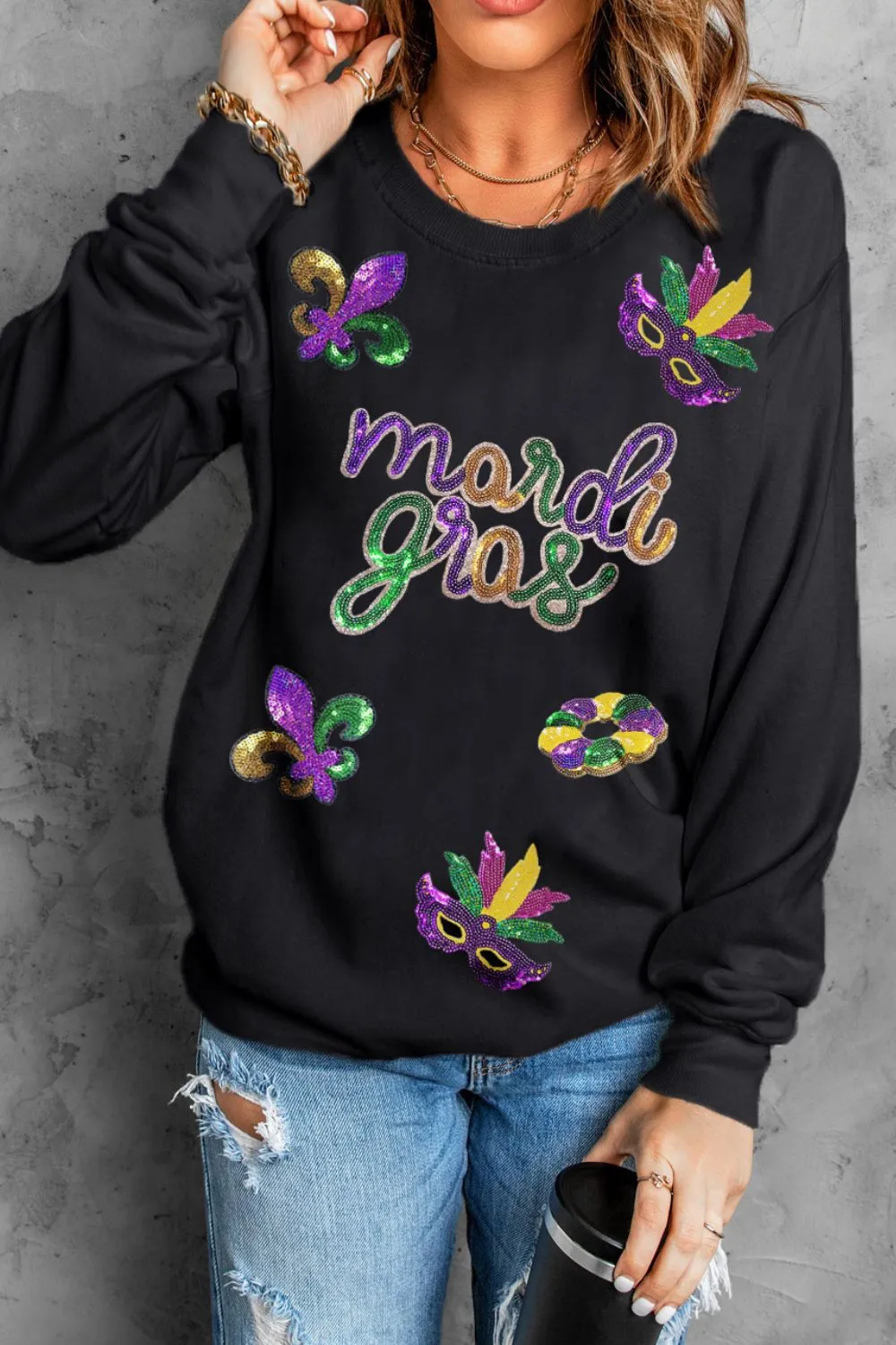 MARDI GRAS Sequin Round Neck Sweatshirt, image 4