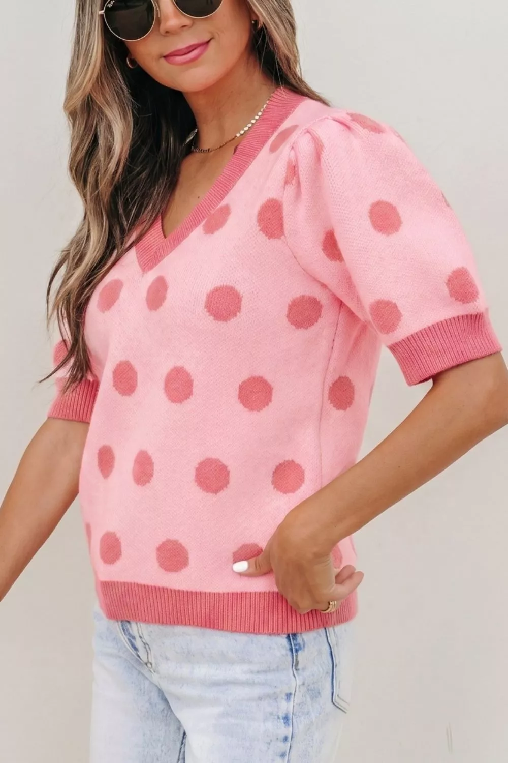 Polka Dot Puff Short Sleeve Sweater Top, image 8