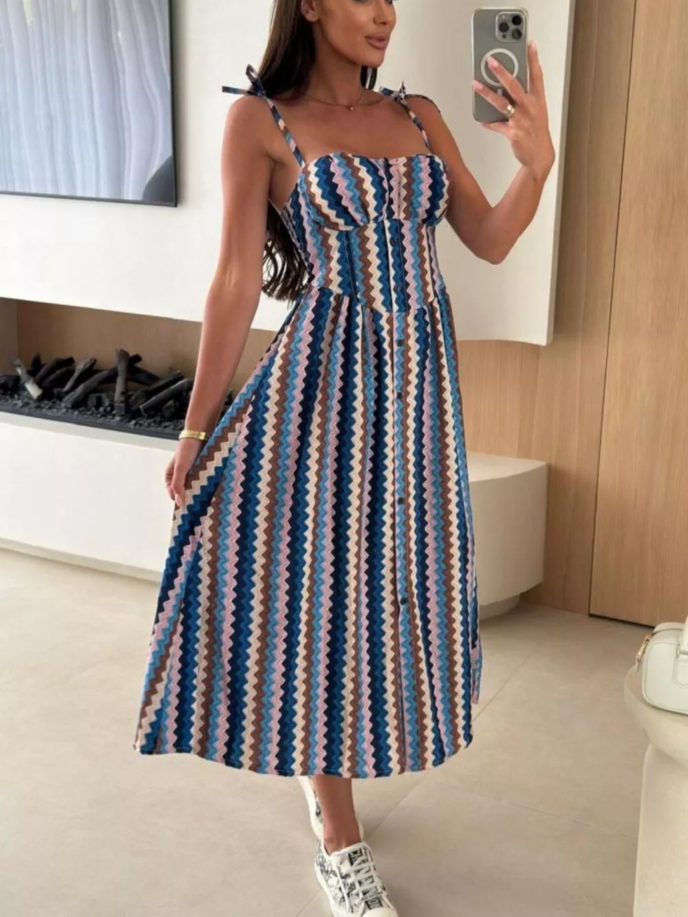 Striped Tie-Shoulder Midi Dress, image 4