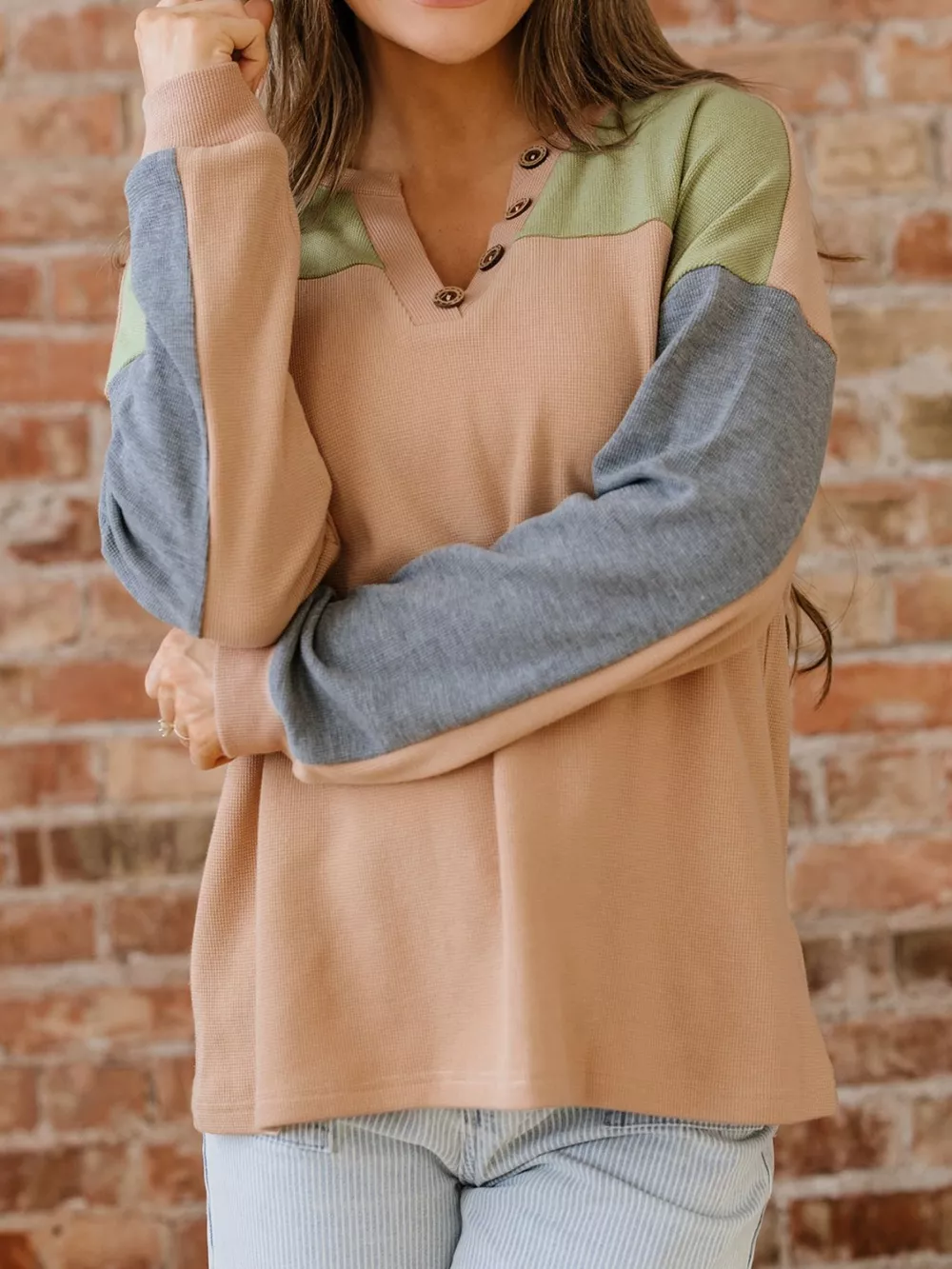 Color Block Thermal Textured Knit Drop Shoulder Henley Top, image 7