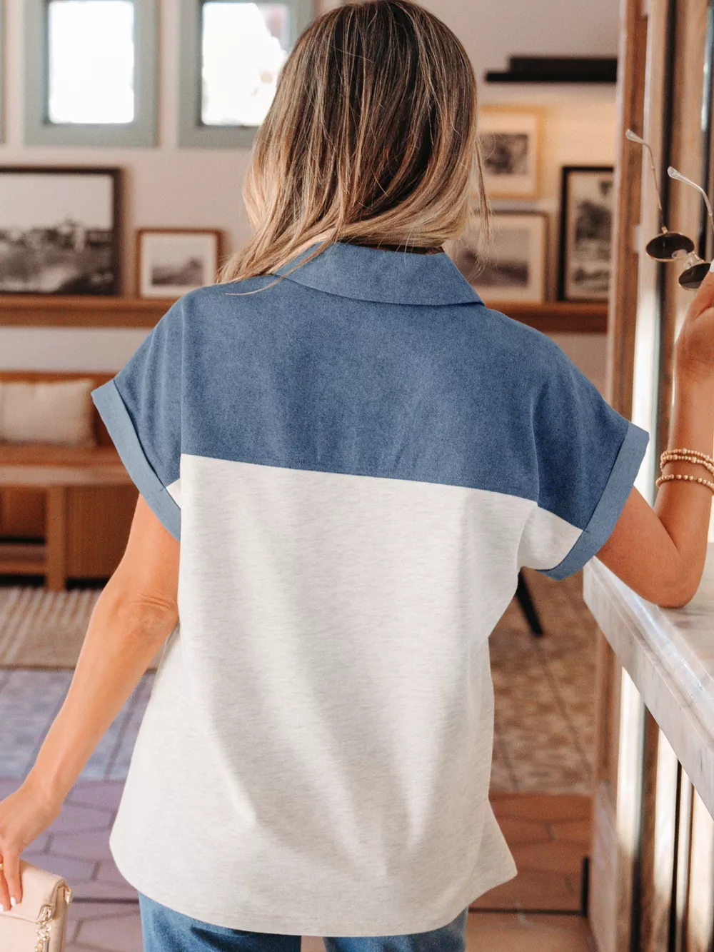 Color Block Denim Patchwork Button Polo Collar Short Sleeve Top, image 9