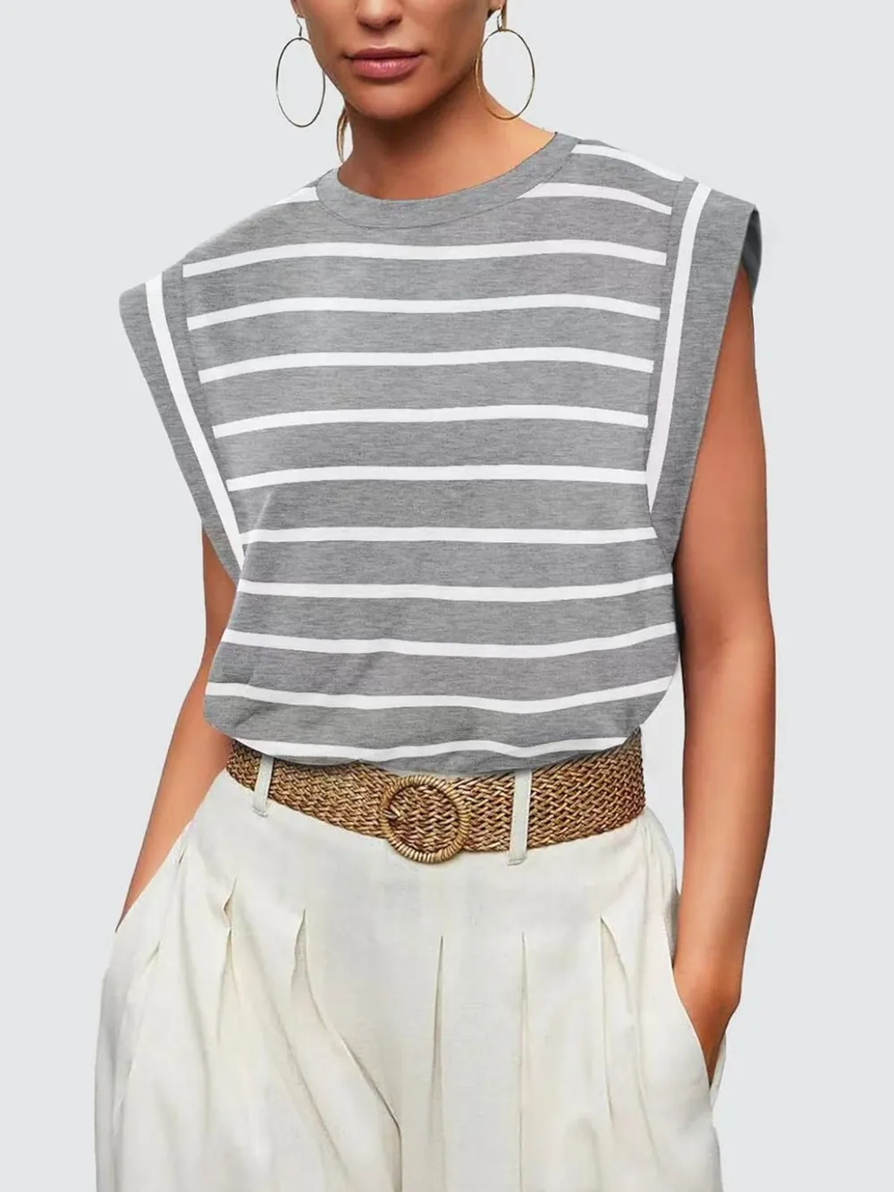Striped Round Neck Cap Sleeve T-Shirt, image 13
