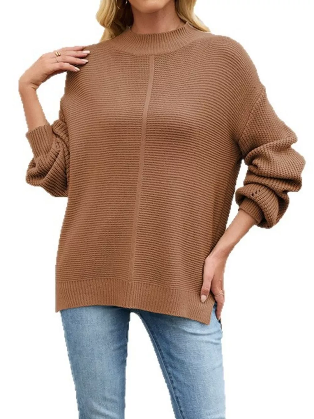 Ribbed Mock Neck Drop Shoulder Sweater, image 10