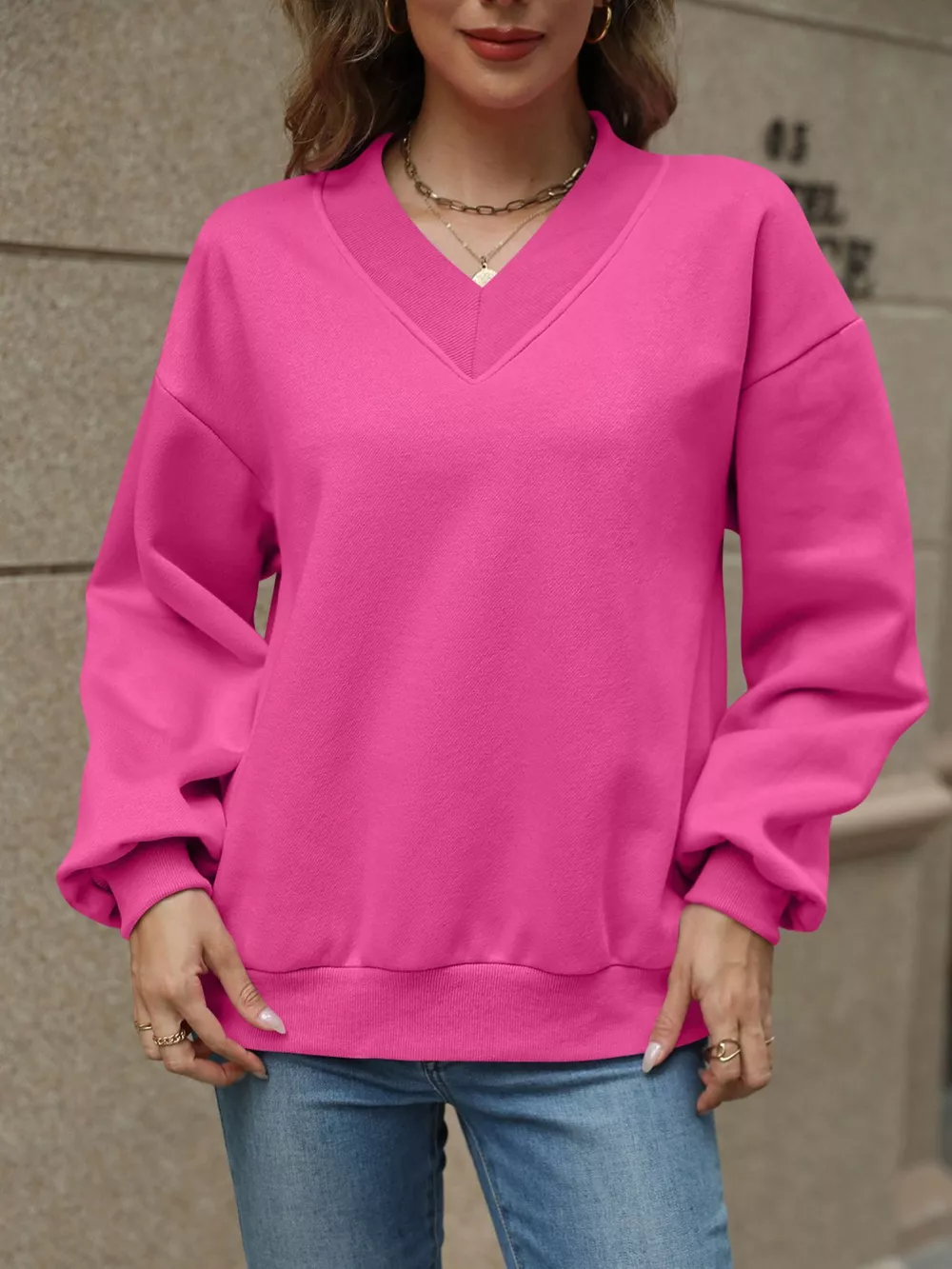 V-Neck Solid Color Casual Sweatshirt, image 24