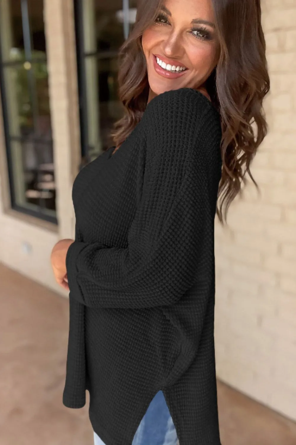 Side Slit V-Neck Long Sleeve Top, image 24
