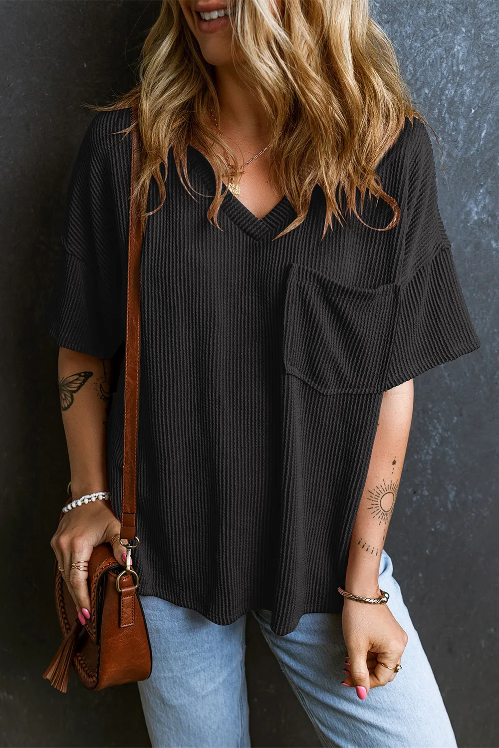 Textured V-Neck Dropped Shoulder T-Shirt, image 19