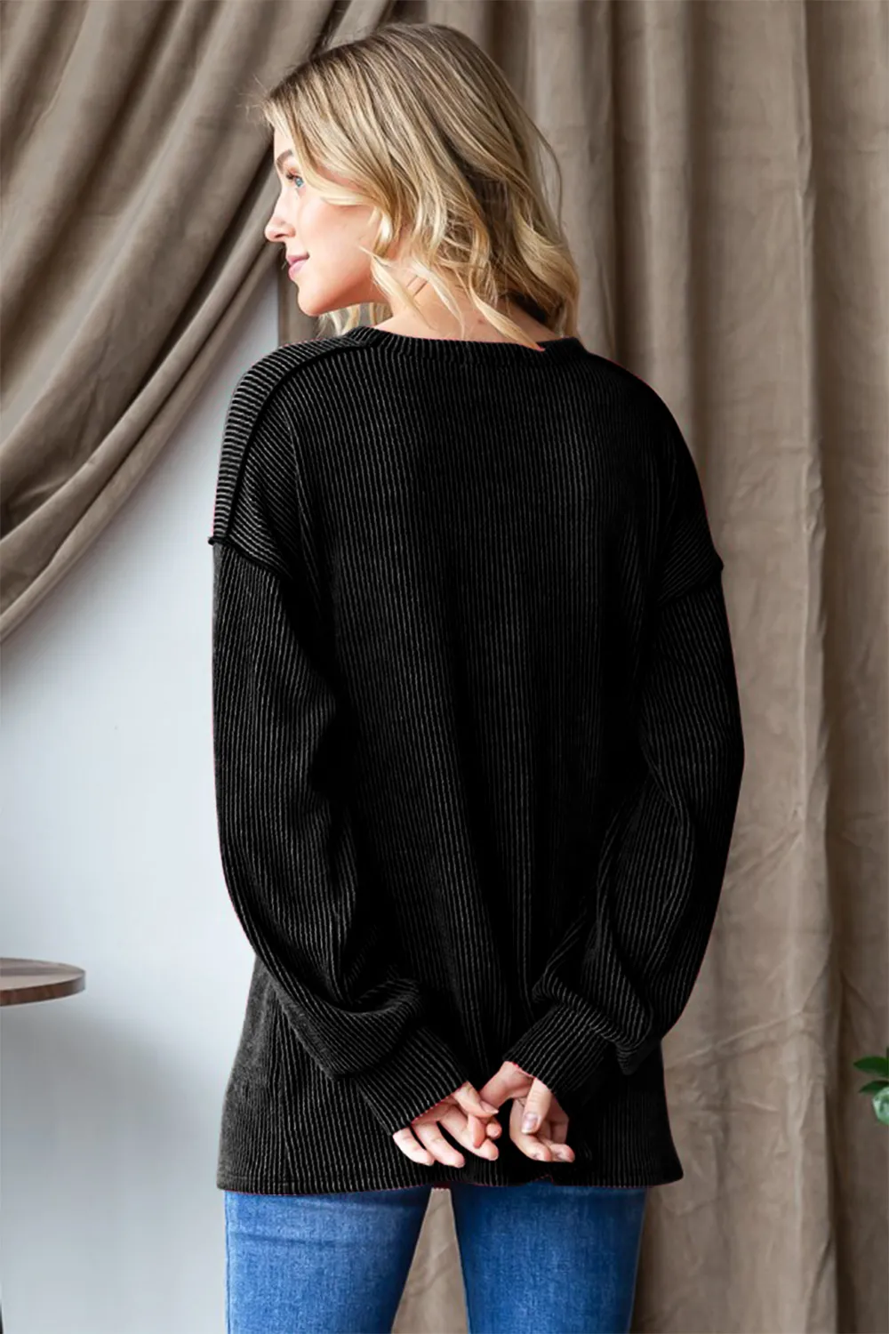 Ribbed Exposed Seam Long Sleeve T-Shirt, image 2