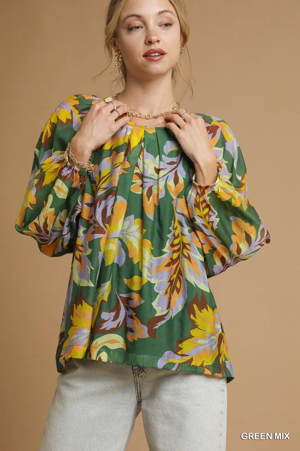 Mix Abstract Print Balloon Sleeve Blouse