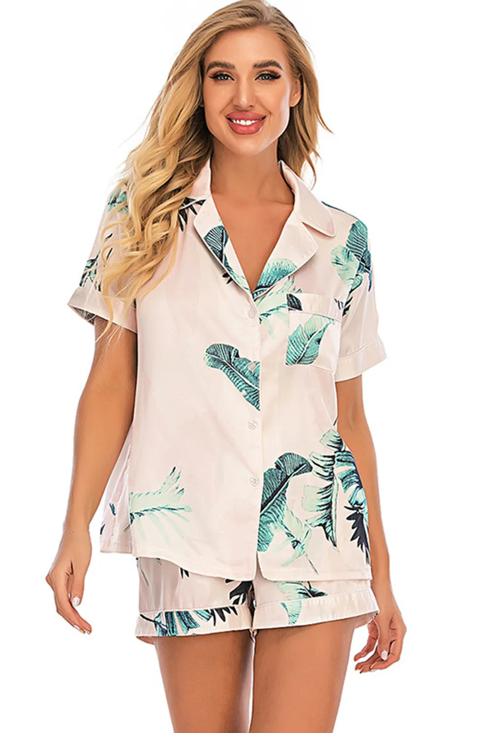 Printed Button Up Short Sleeve Top and Shorts Lounge Set, image 29