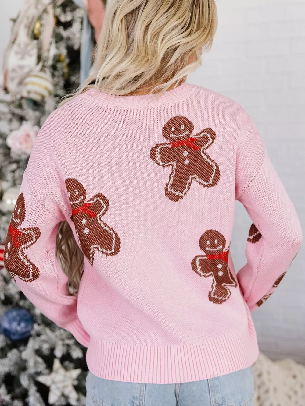 Gingerbread Pattern Round Neck Long Sleeve Shift Sweater, image 4