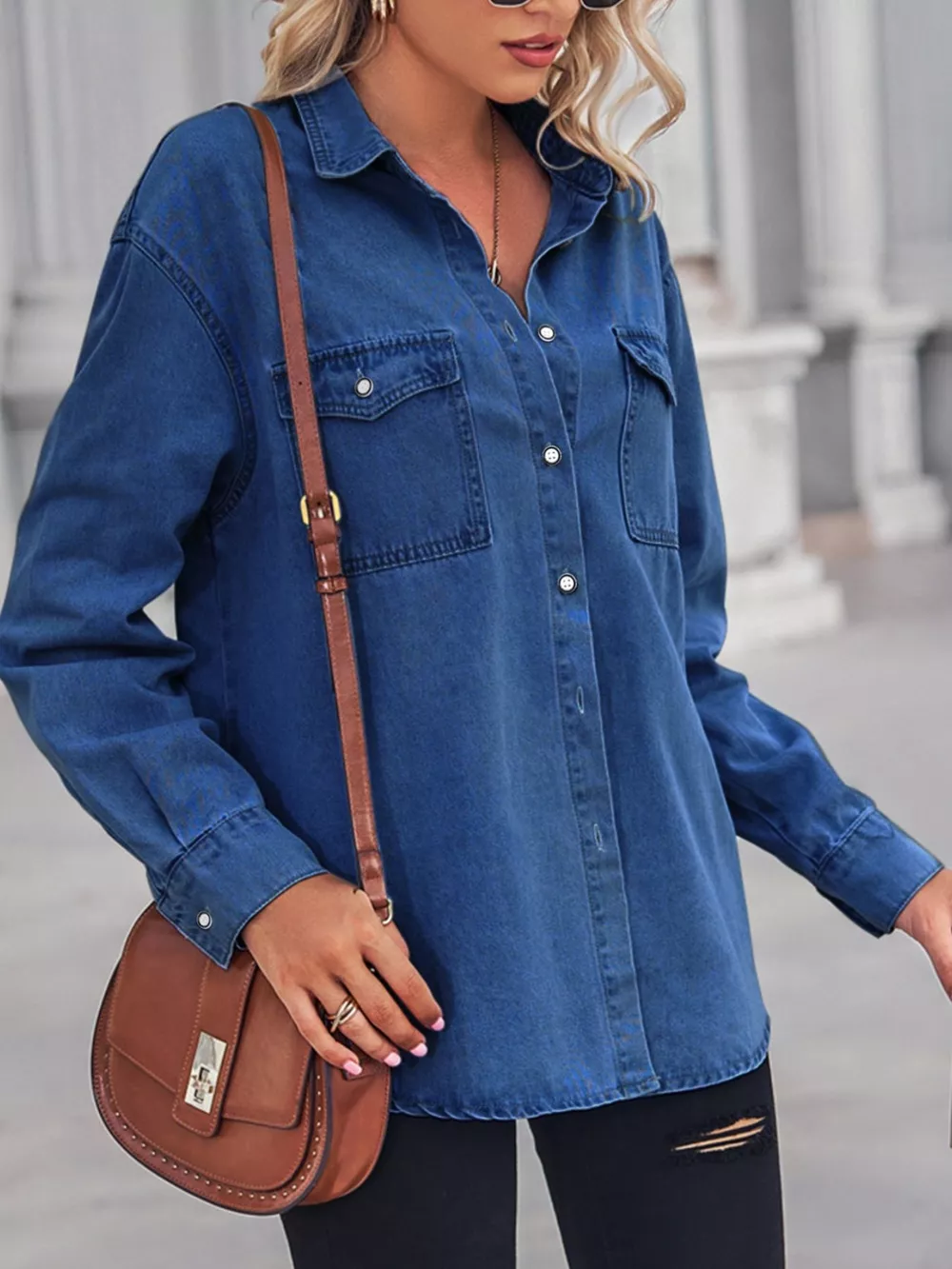 Button Down Washed Denim Shirt with Chest Pockets, image 7