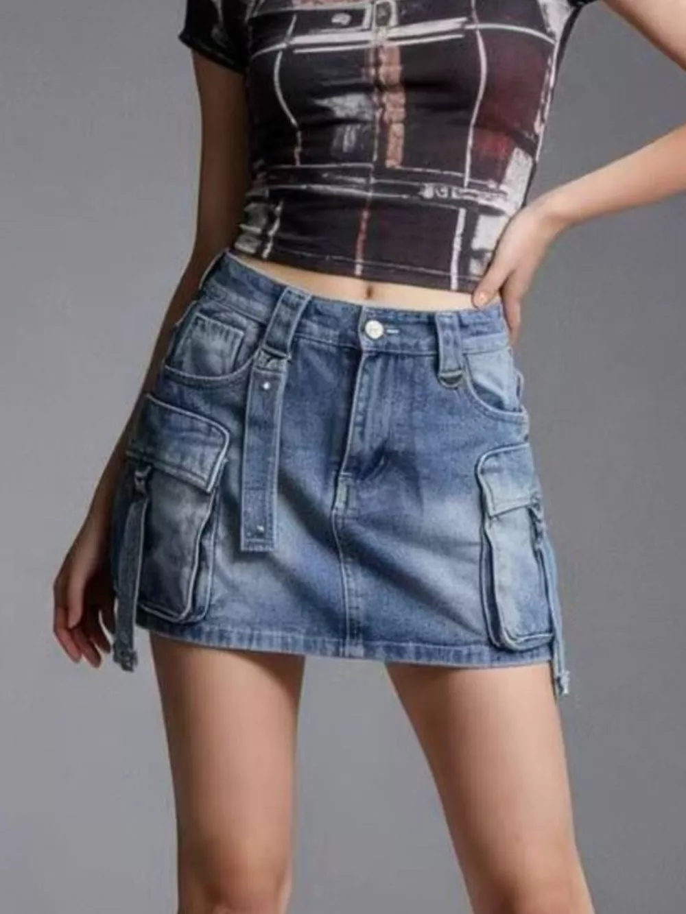Washed Cargo Denim Skirt, image 12