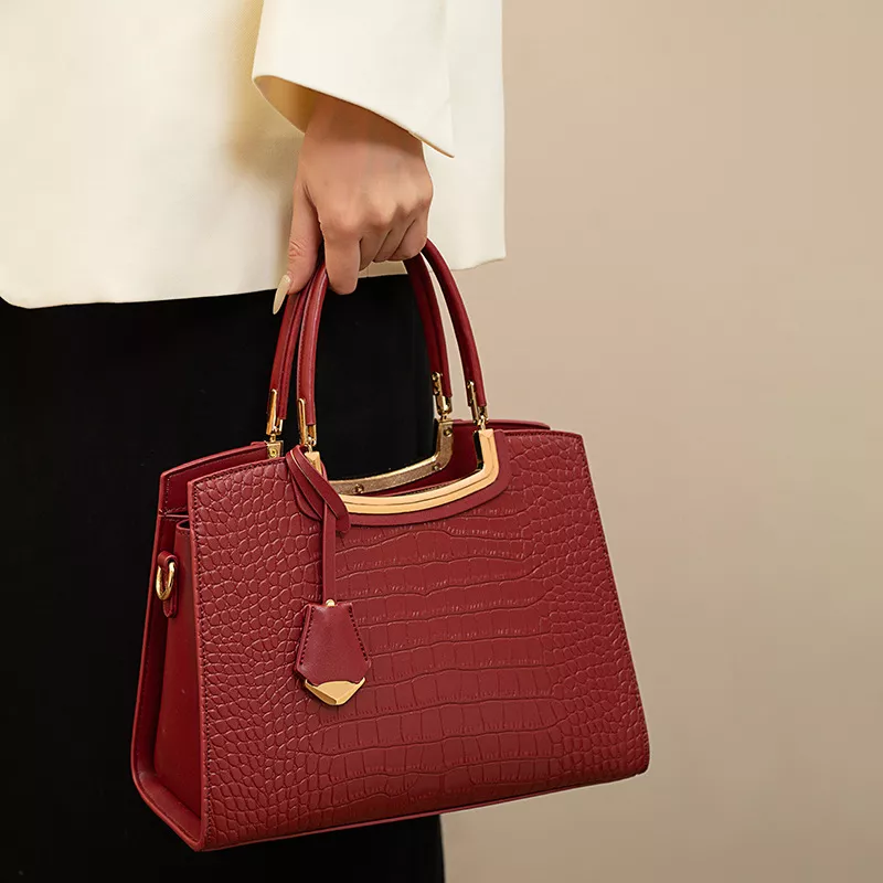 Crocodile Embossed Leather Top Handle Handbag