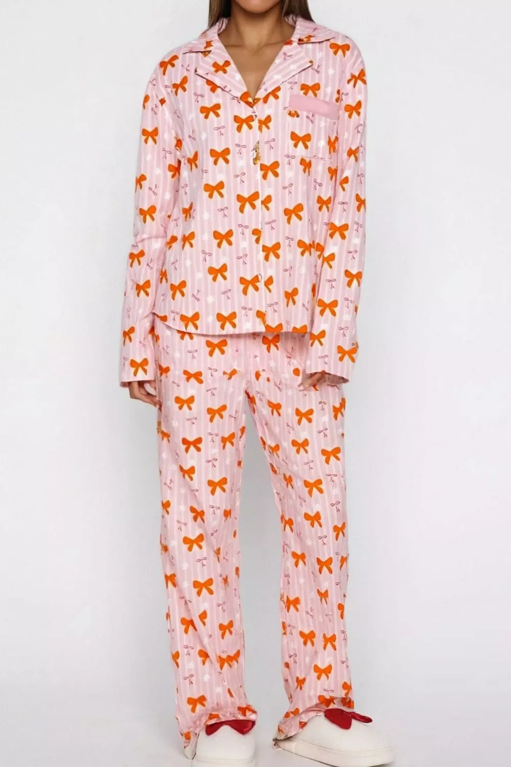 Bow Print Top and Wide Leg Pants Lounge Set