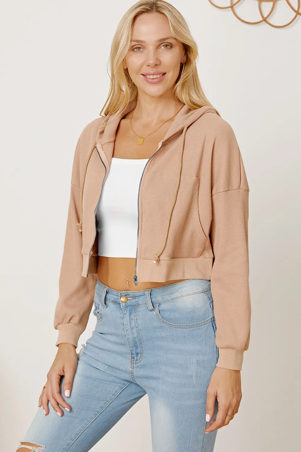 Waffle-Knit Drawstring Zip Up Hoodie, image 4