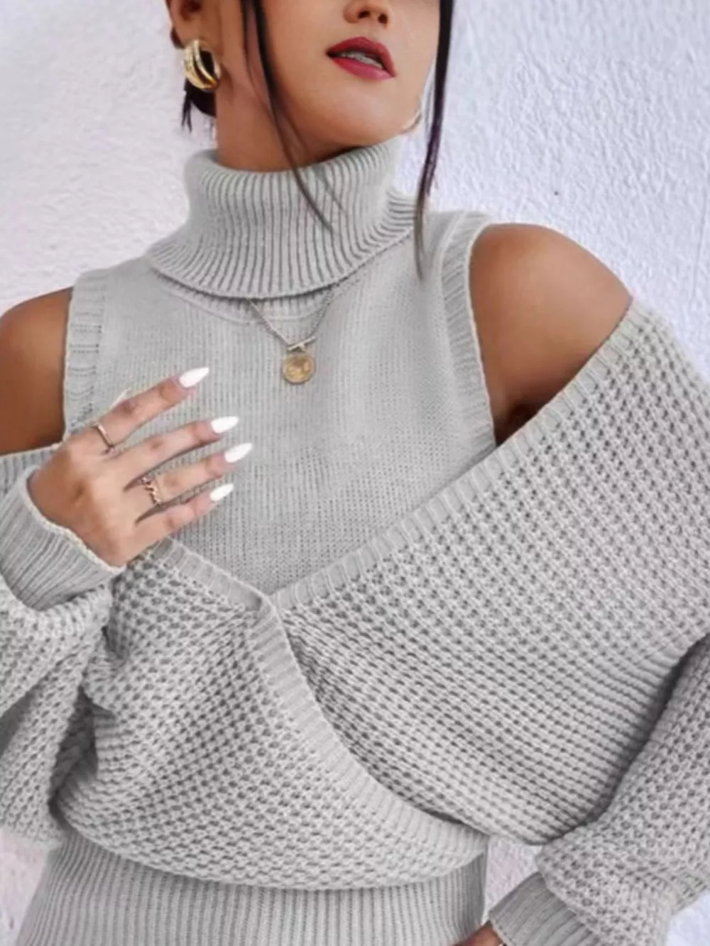 Waffle Knit Cold Shoulder Turtleneck Sweater, image 10