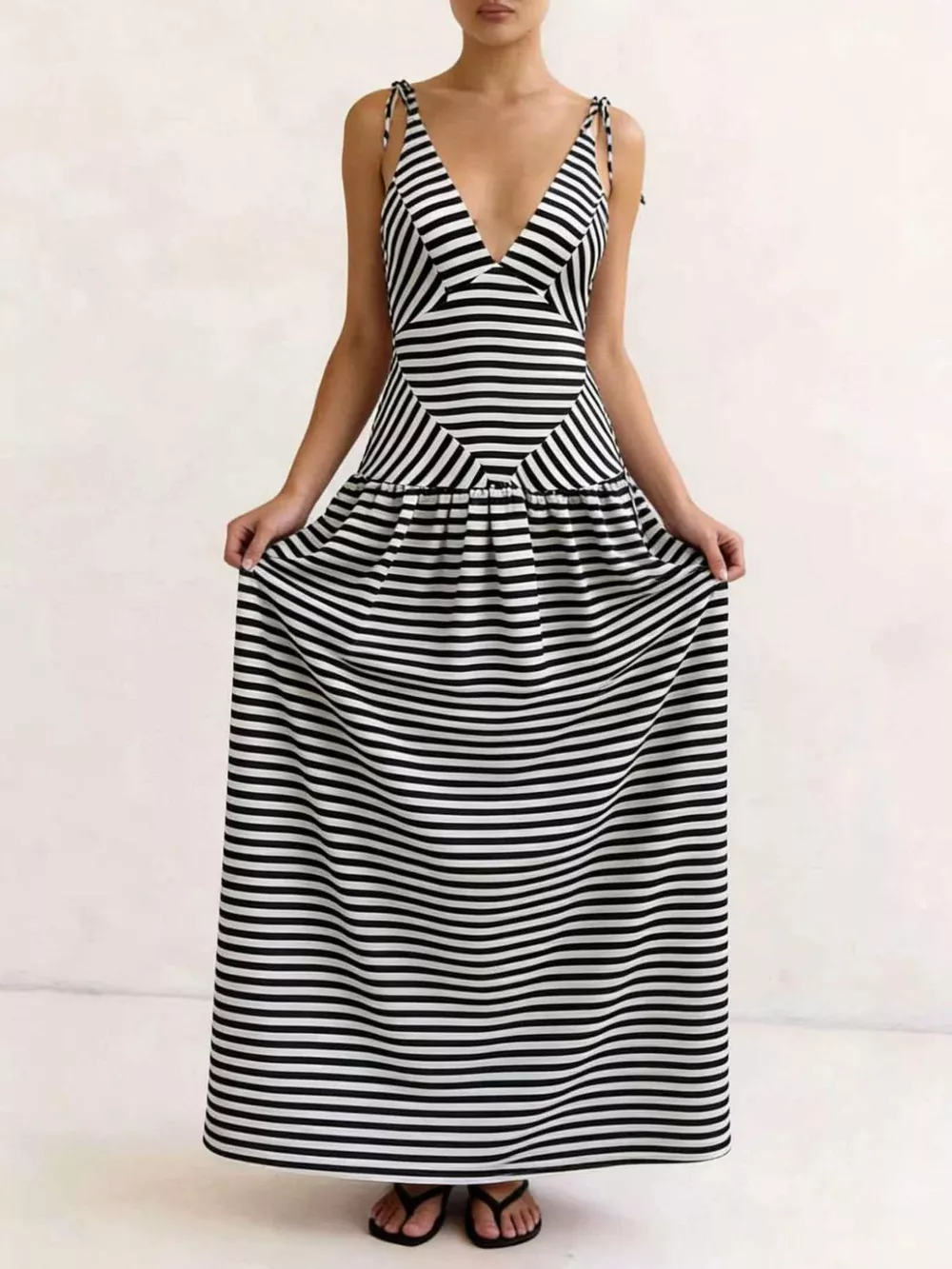 Striped V-Neck Tie-Shoulder Maxi Dress, image 3