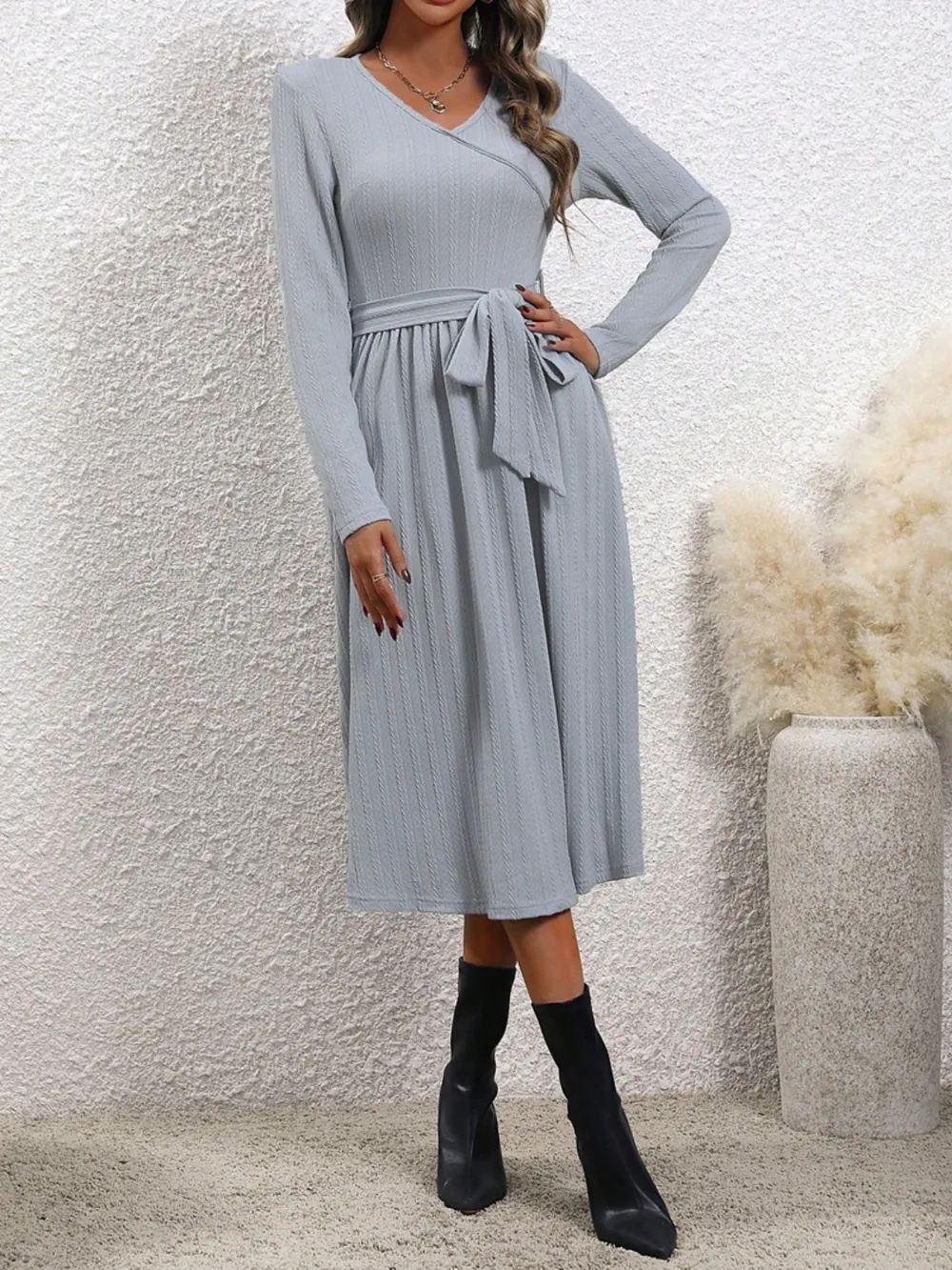 Surplice Tie Waist Long Sleeve Midi Dress, image 7