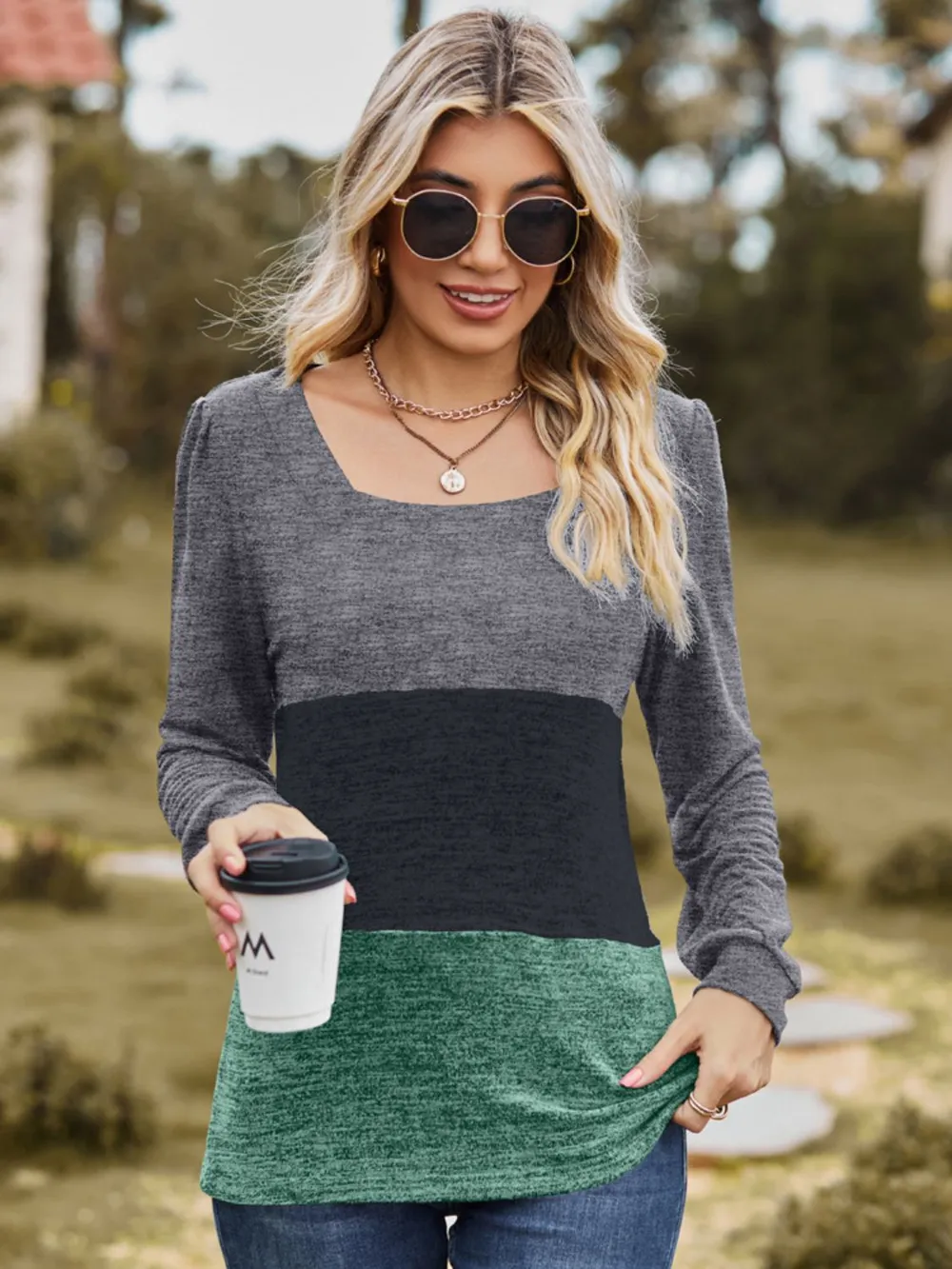 Color Block Square Neck Long Sleeve T-Shirt, image 9