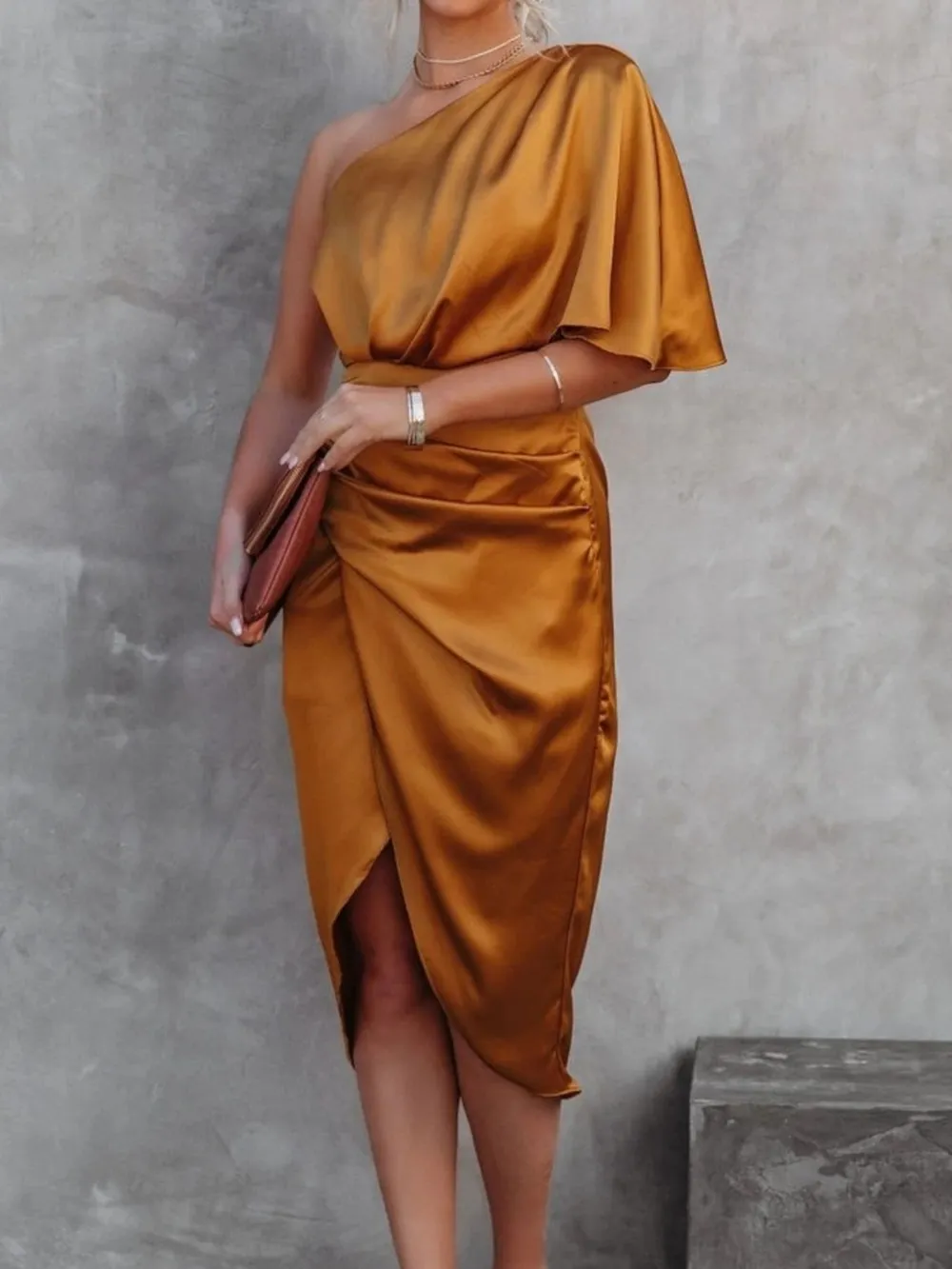 One-Shoulder Satin Wrap Dress with Side Slit, image 18