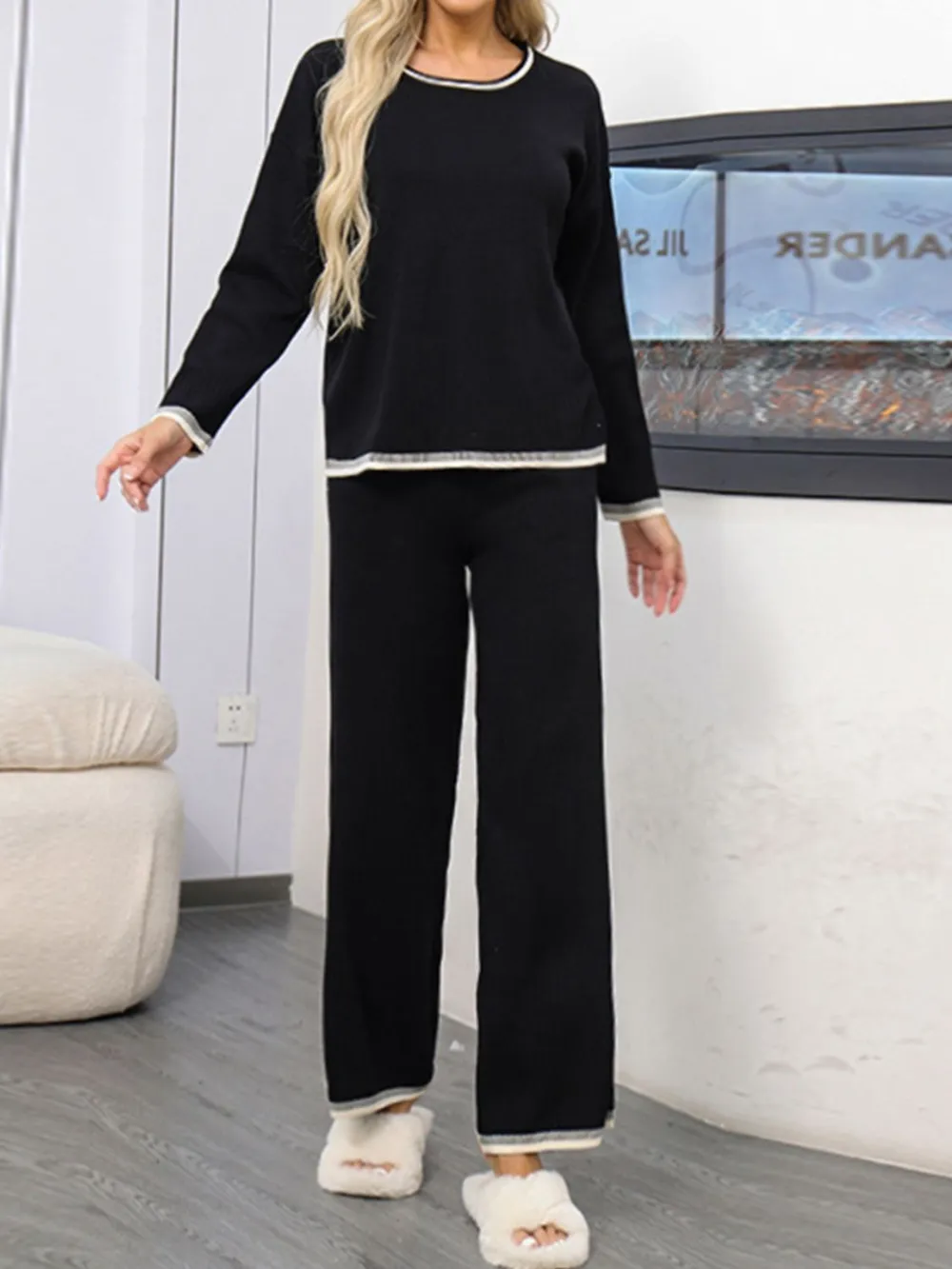 Contrast Trim Round Neck Top and Pants Sweater Set, image 11