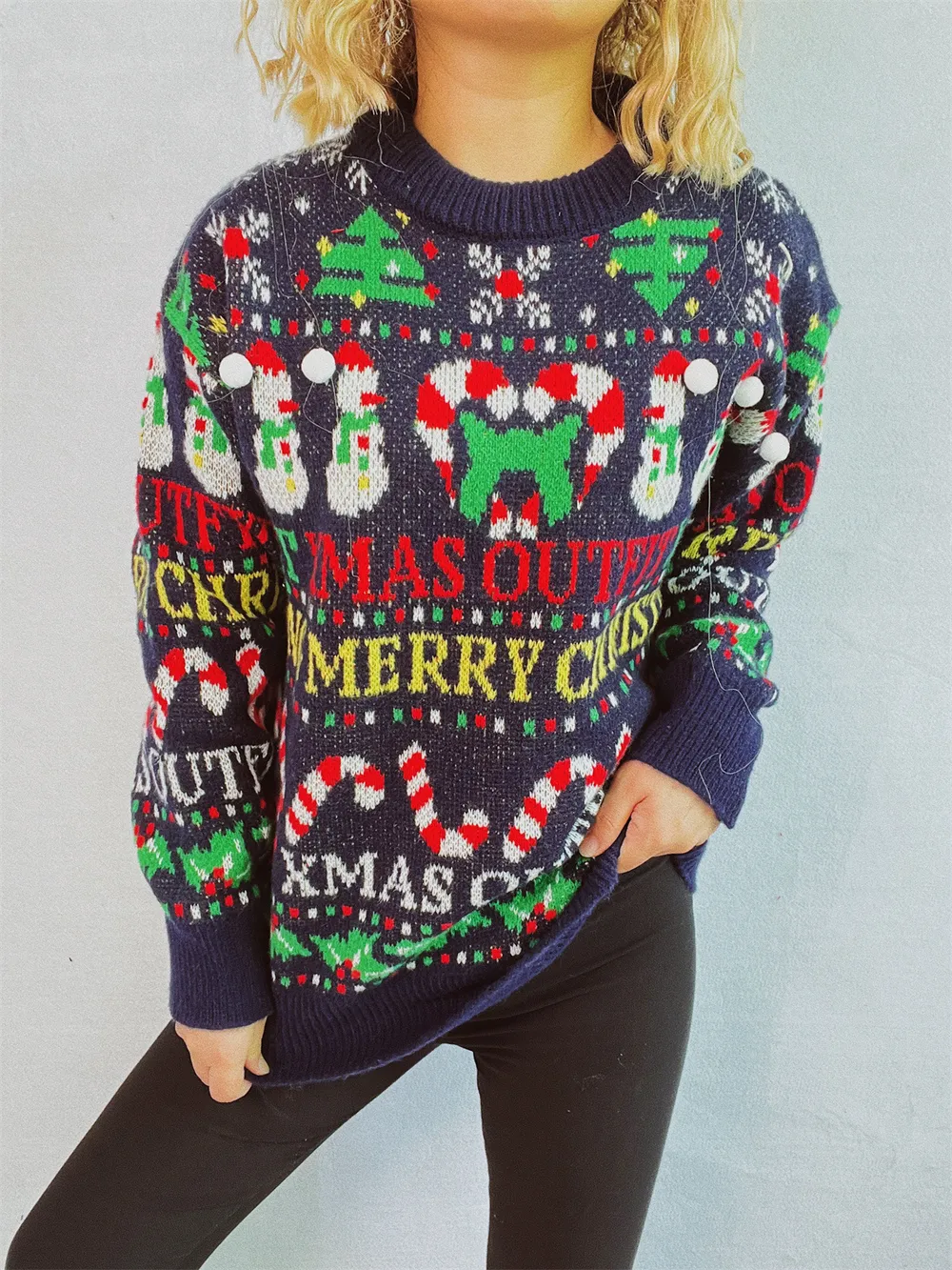Christmas Pattern Round Neck Long Sleeve Sweater, image 4