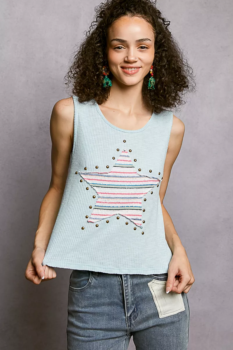 Round Neck Stud Point Ribbed Tank with Stripped Star Patch
