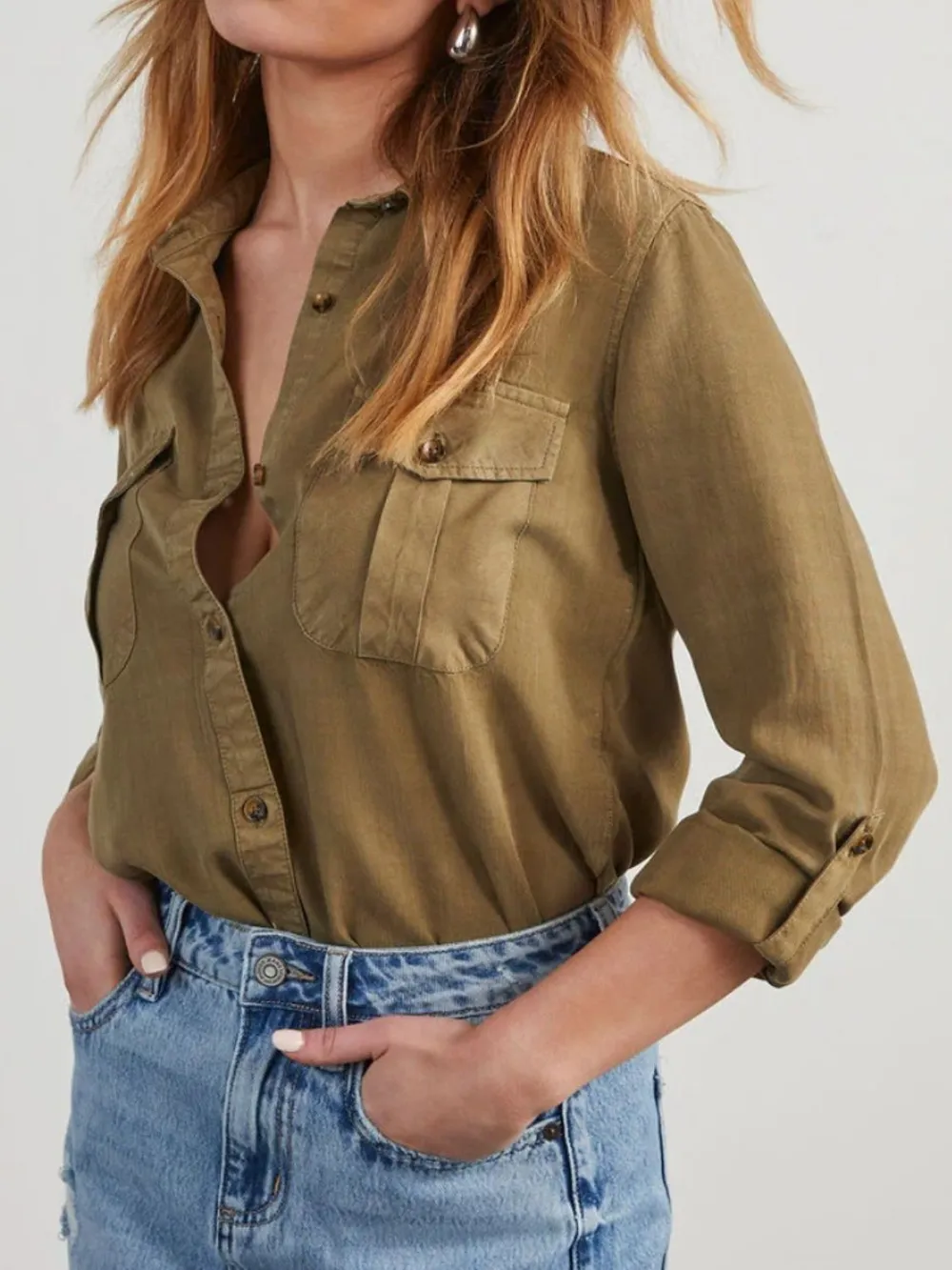 Collared Neck Roll-Tab Sleeve Denim Top, image 6