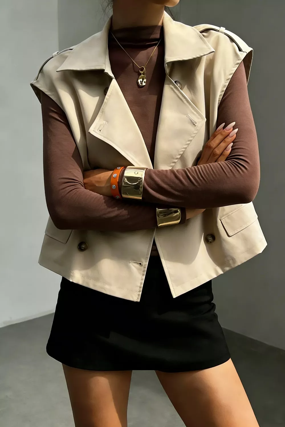 Double-Breasted Cropped Trench Vest Coat, image 3