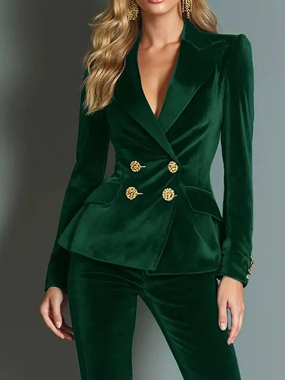 Velvet Double-Breasted Blazer and Flared Pants Set, image 4
