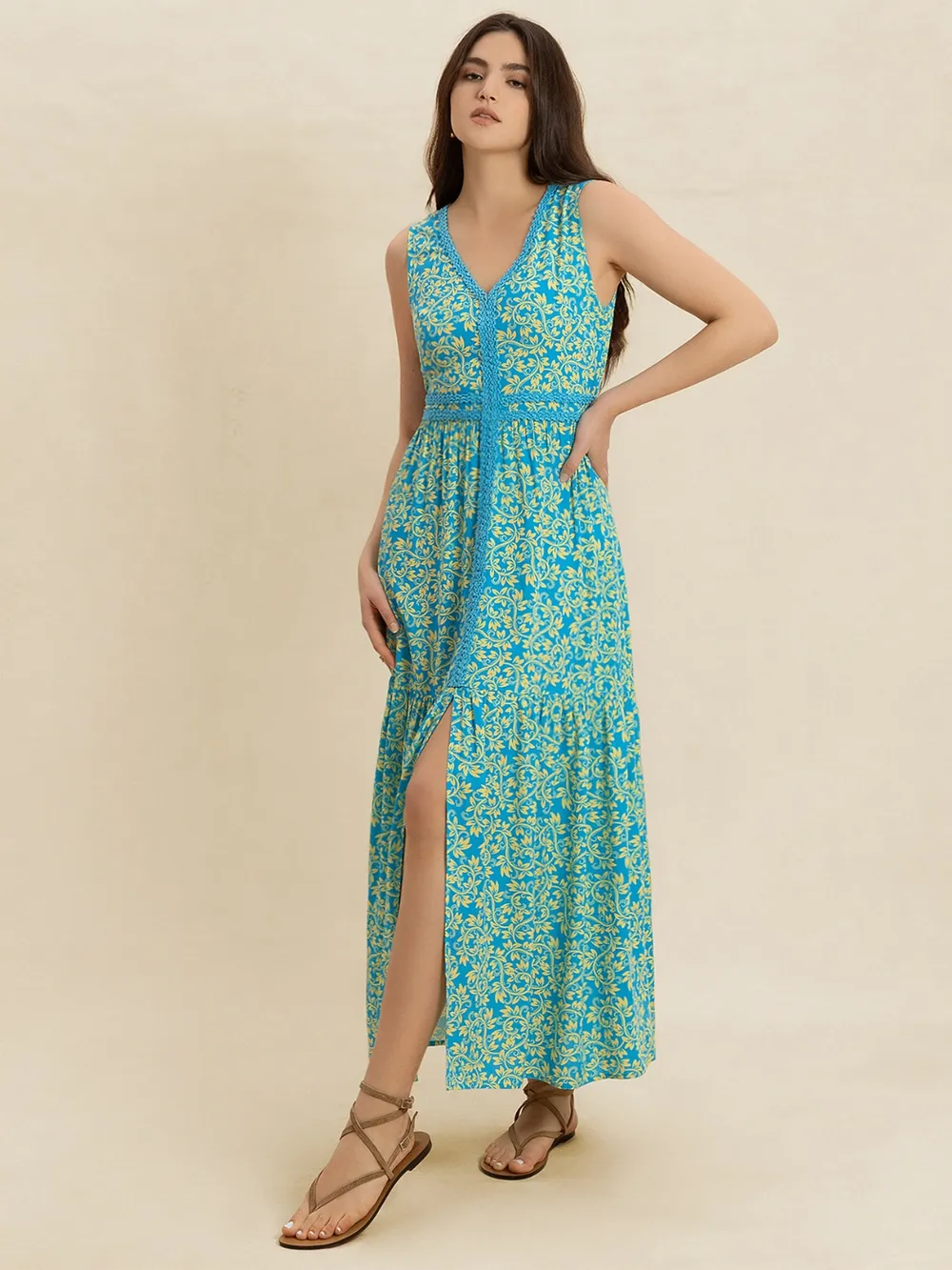 Slit Printed V-Neck Sleeveless Dress, image 8