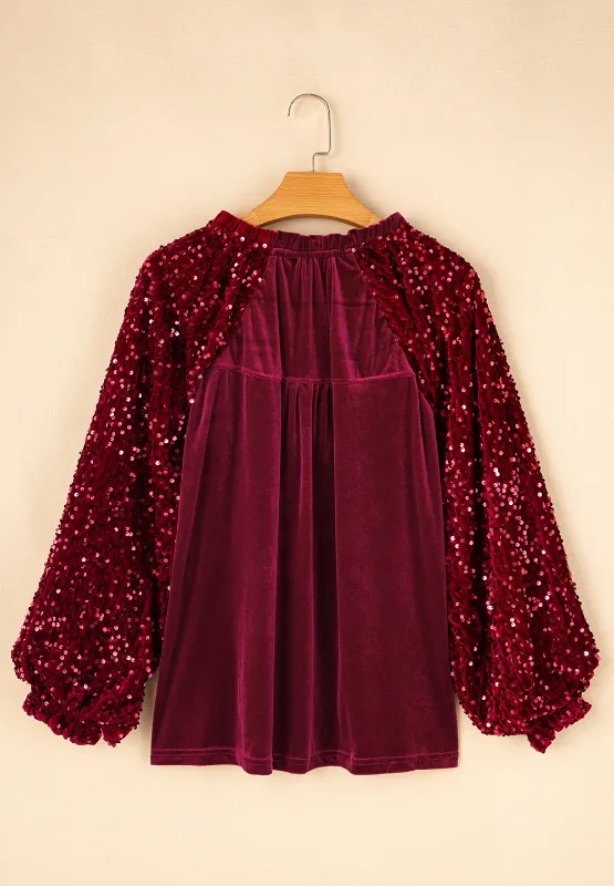 Sequin Notched Long Sleeve Blouse, image 13