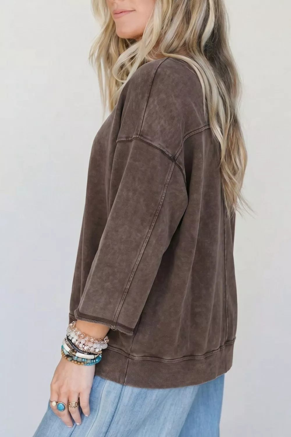 3/4 Sleeve Mineral Wash Loose Cotton Top, image 4