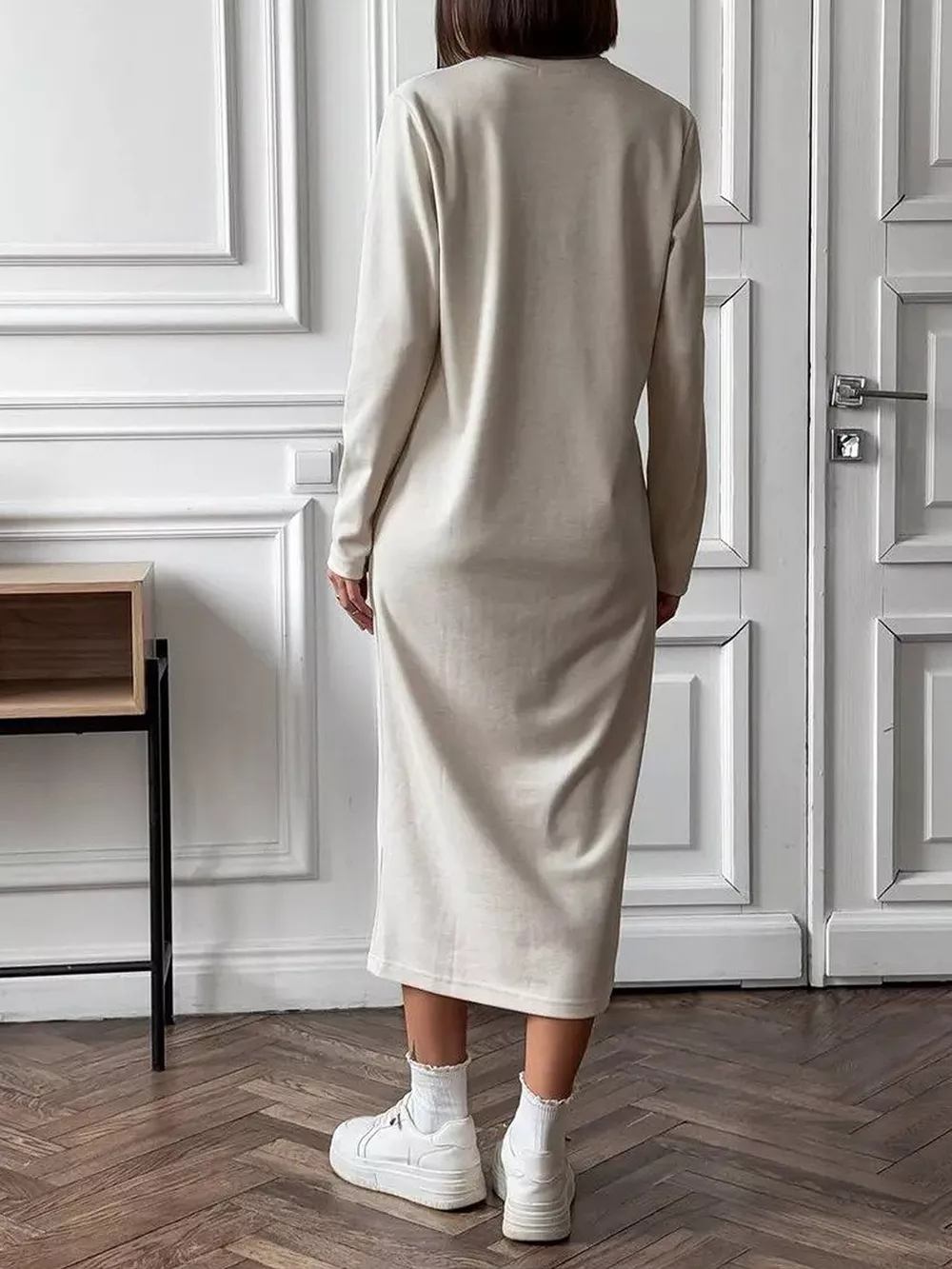 Round Neck Long-Sleeve Midi Dress, image 7
