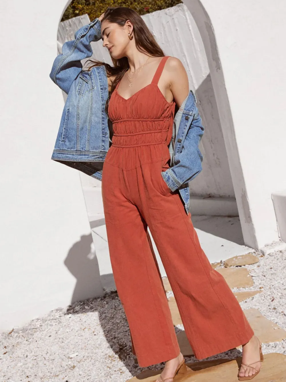 Ruched Wide Strap Jumpsuit with Pockets, image 4