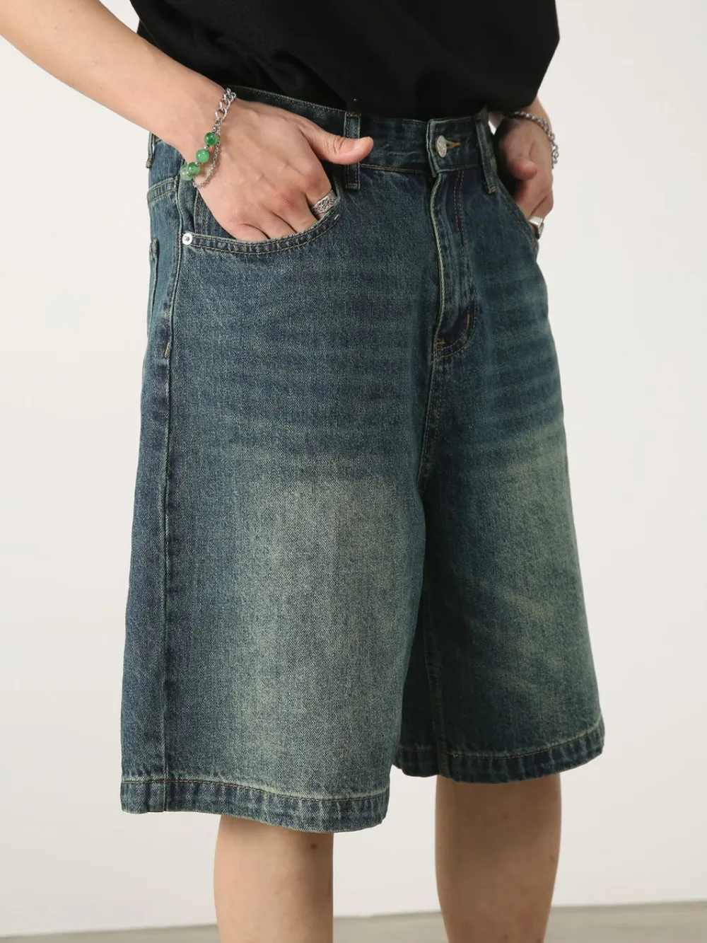 Men's Washed Denim Shorts with Pockets, image 4